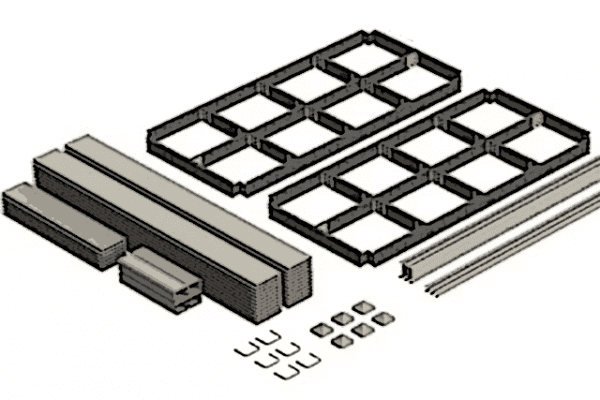 deck kit laid out on the floor in order