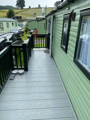 Standing on a p shaped deck looking towards the gates