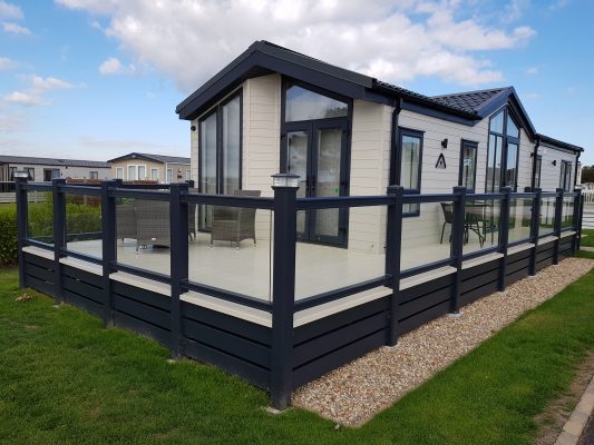 dark grey and cream decking to match static caravan