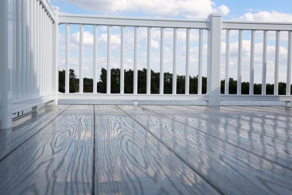 Grey woodgrain upvc deck boards with white rails